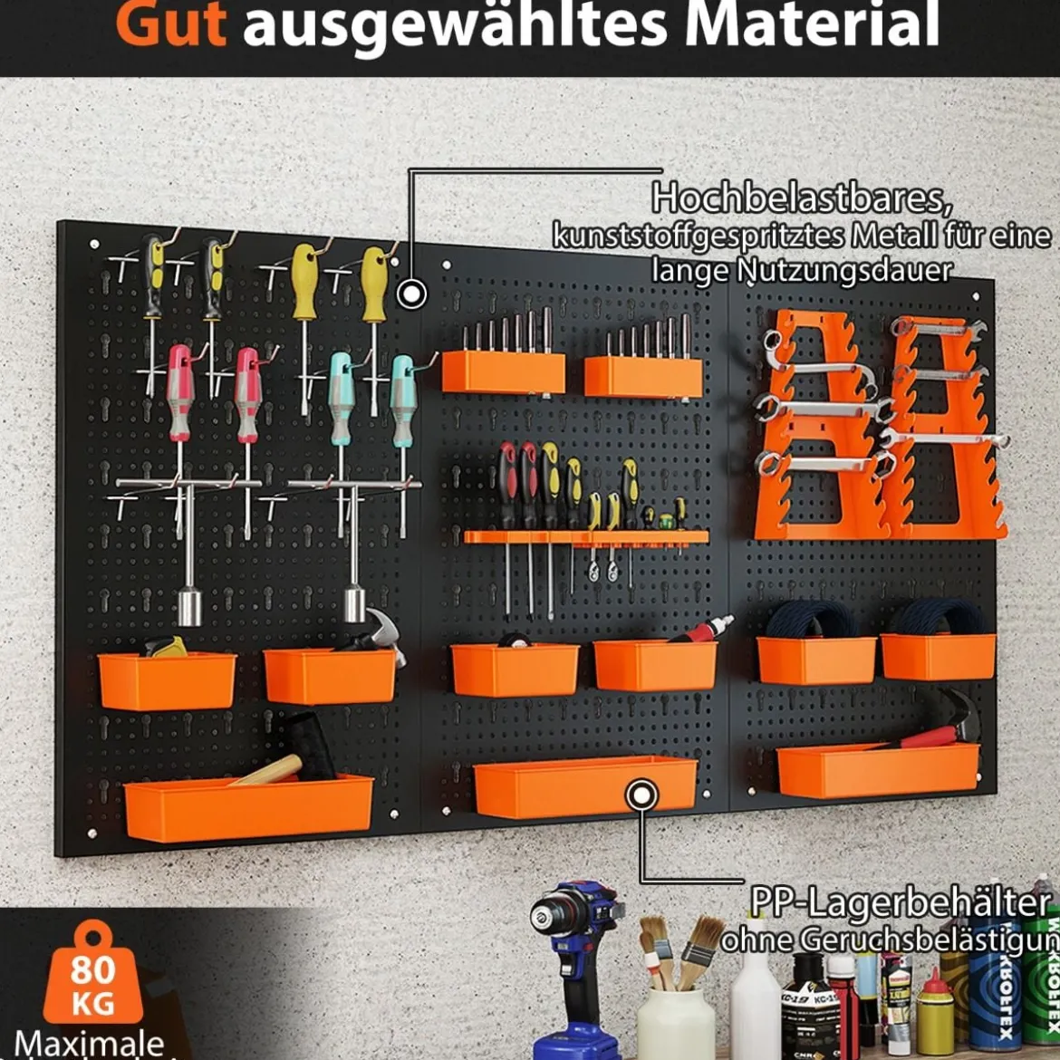 Werkzeugwand mit 9-teilige Aufbewahrungsboxen & Werkzeughaltern & Haken Lochwand