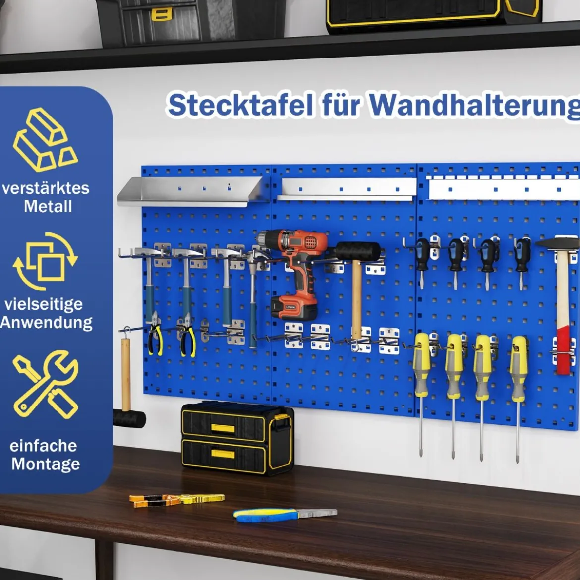 Werkzeugwand Werkzeug Lochwand mit 3 Stecktafeln & 28-teilige hängende Zubehörteile Schwarz/Navy