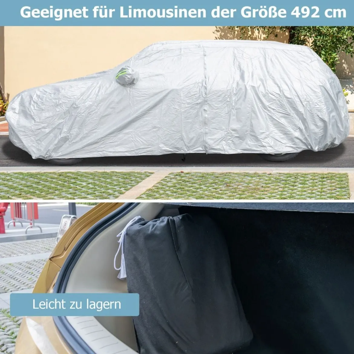 Wetterfeste Abdeckplane für Fahrzeuge Autoabdeckung mit Reißverschlusstür 492 x 191 x 154 cm Silber