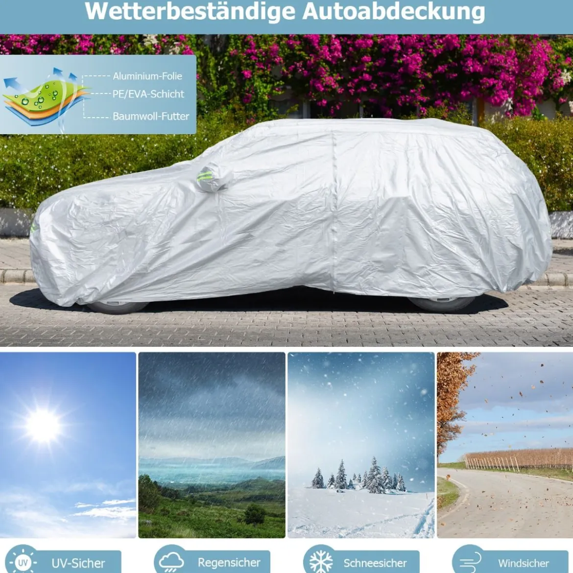 Wetterfeste Abdeckplane für Fahrzeuge Autoabdeckung mit Reißverschlusstür 492 x 191 x 154 cm Silber