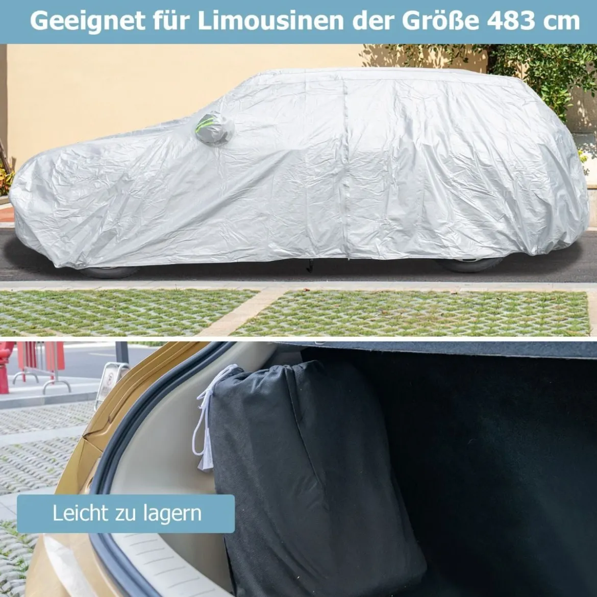 Wetterfeste Abdeckplane für Fahrzeuge Autoabdeckung mit Reißverschlusstür 483 x 191 x 153 cm Silber