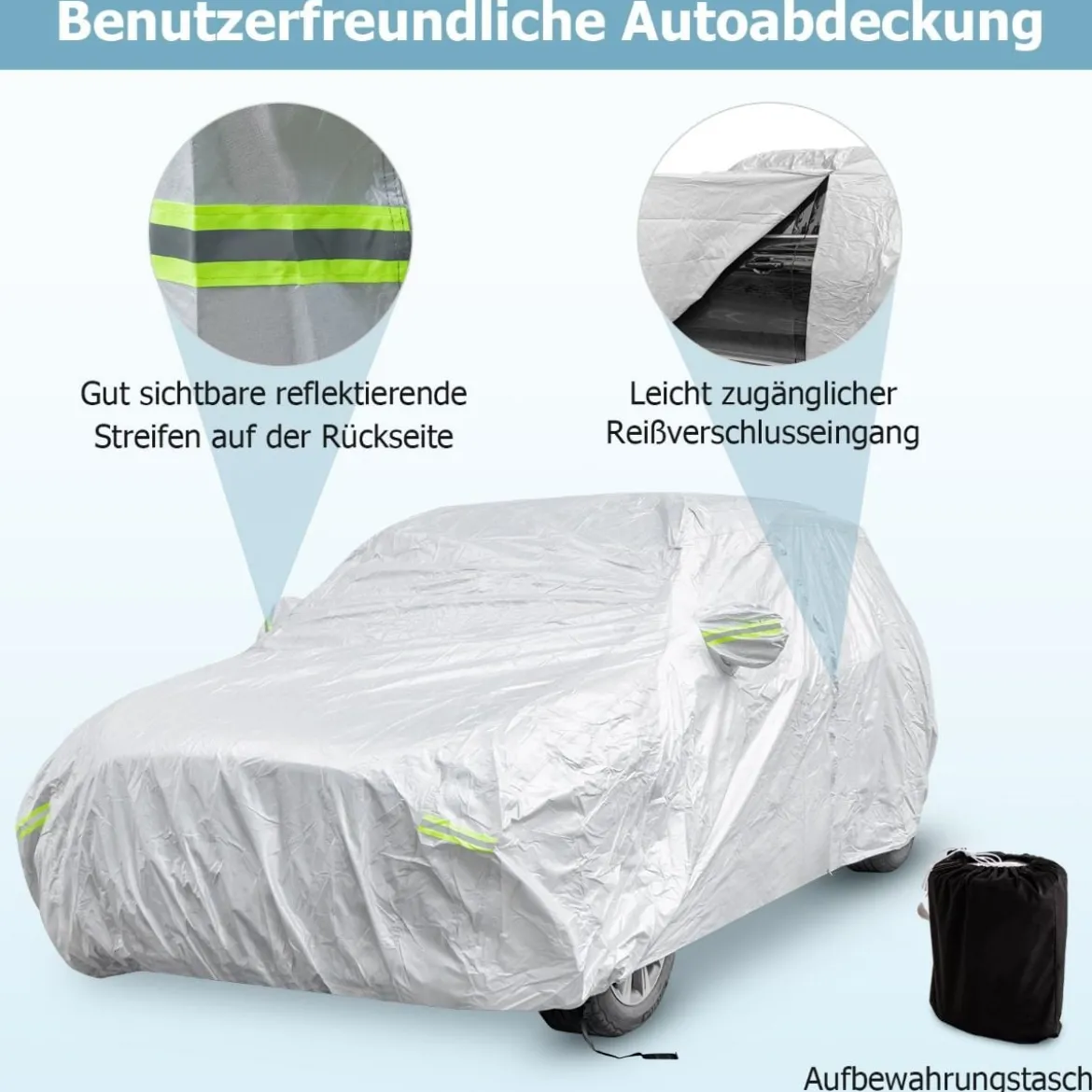Wetterfeste Abdeckplane für Fahrzeuge Autoabdeckung mit Reißverschlusstür 483 x 191 x 153 cm Silber