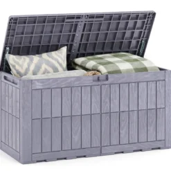 Wetterfeste Auflagenbox 380L Outdoor Aufbewahrungsbox mit Abschließbarem Deckel Hellgrau