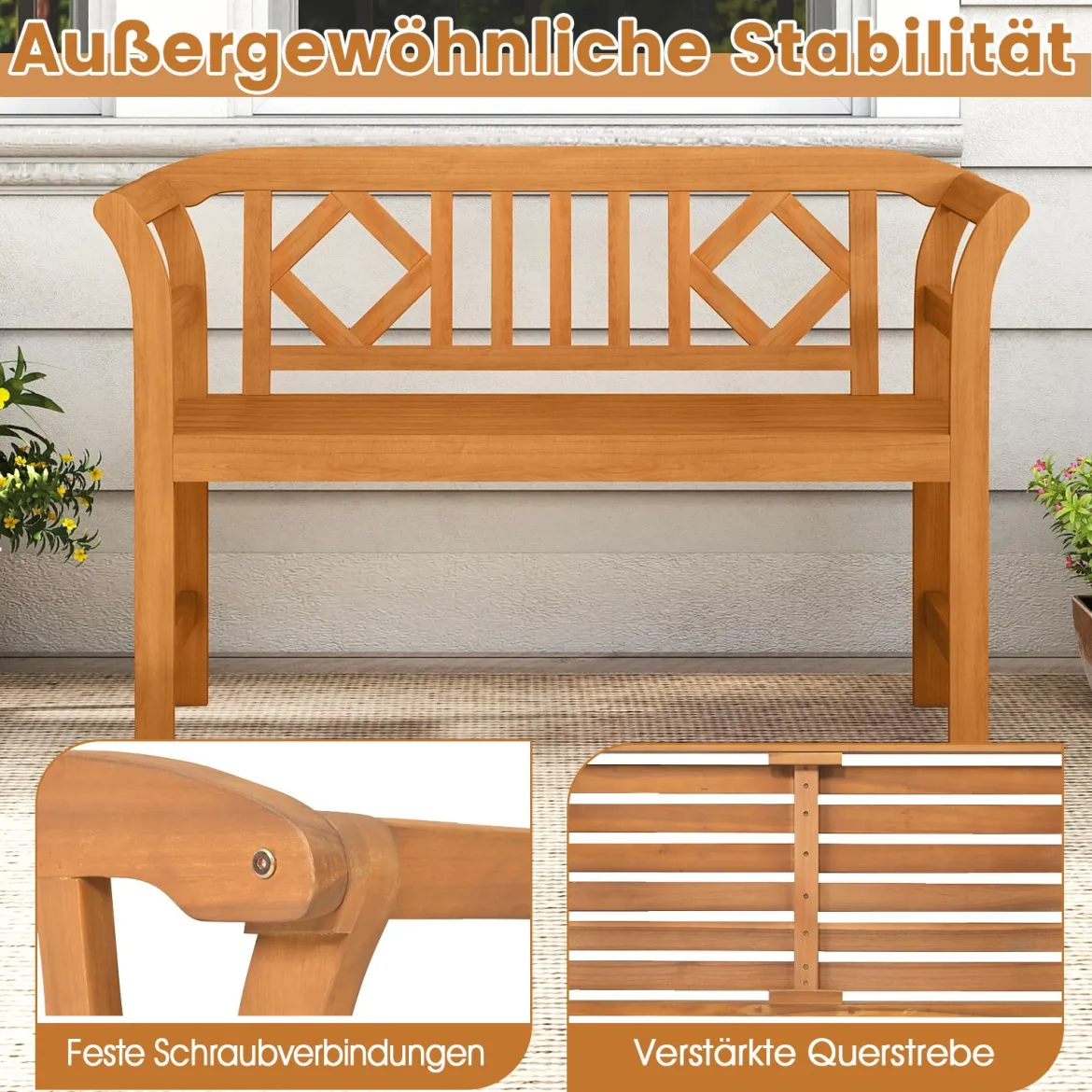 Wetterfeste Holzbank bis 360 kg Belastbar 2-Sitzer Friesenbank aus Akazienholz Sitzbank Rhombus