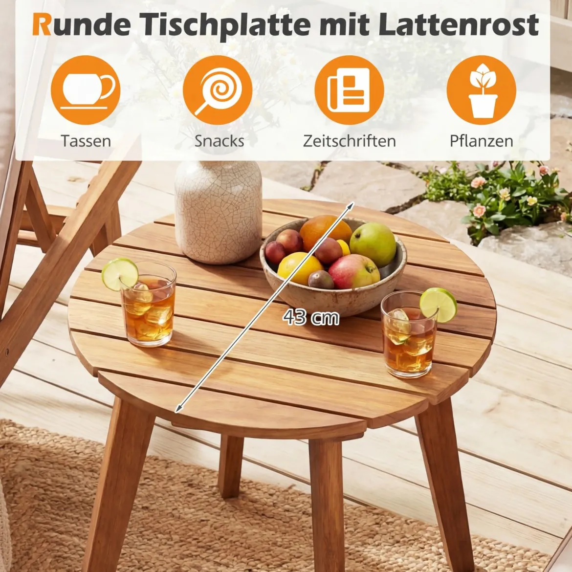 Wetterfester Beistelltisch aus Akazienholz Runder Gartentisch Kleiner Balkontisch Kaffeetisch Natur
