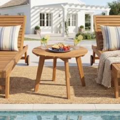 Wetterfester Beistelltisch aus Akazienholz Runder Gartentisch Kleiner Balkontisch Kaffeetisch Natur