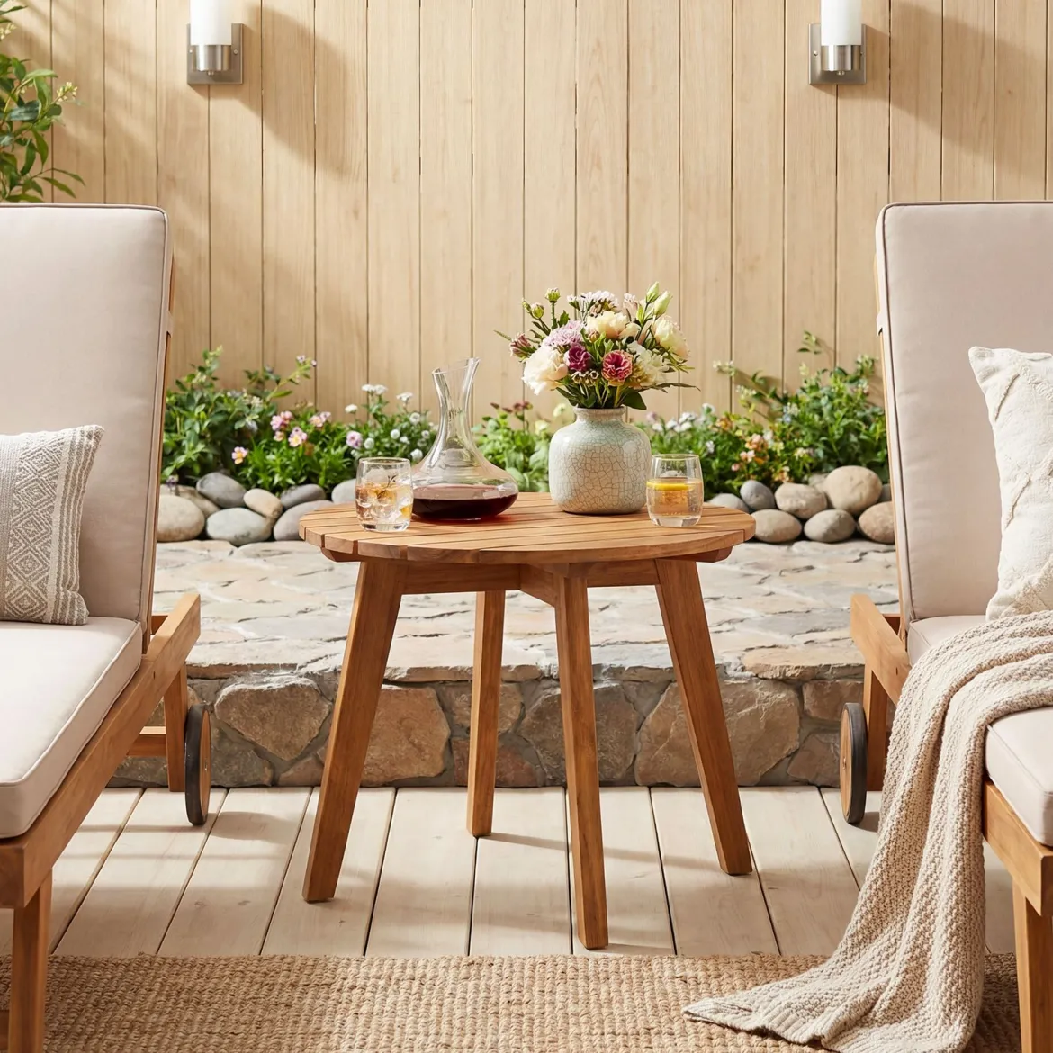 Wetterfester Beistelltisch aus Akazienholz Runder Gartentisch Kleiner Balkontisch Kaffeetisch Natur