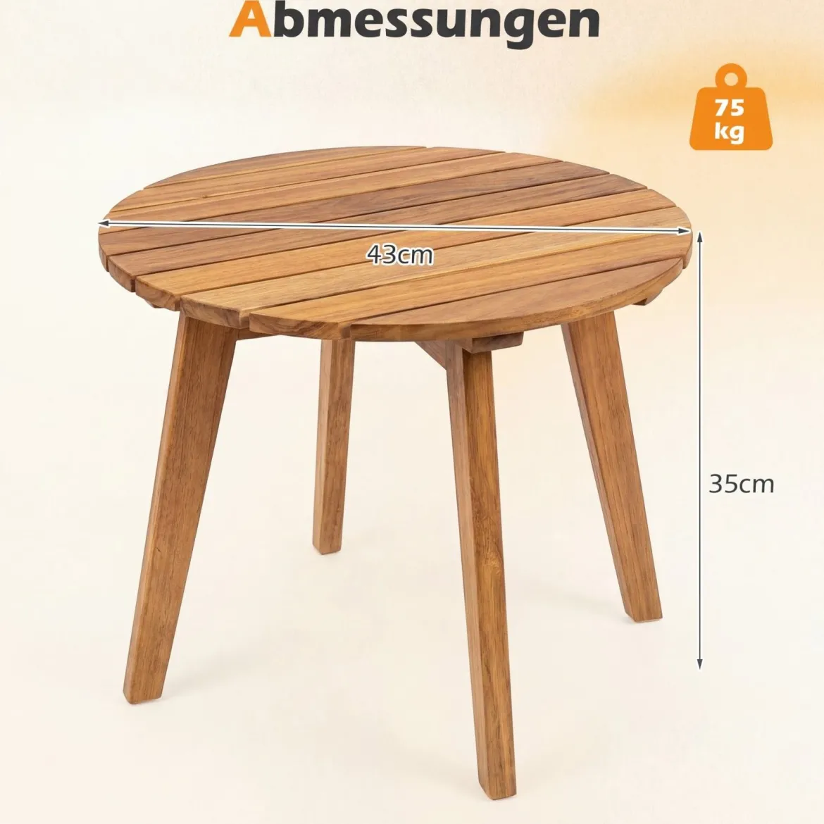 Wetterfester Beistelltisch aus Akazienholz Runder Gartentisch Kleiner Balkontisch Kaffeetisch Natur