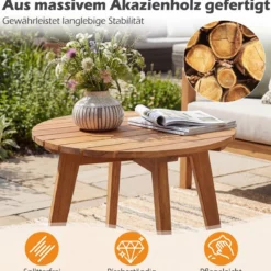 Wetterfester Beistelltisch aus Akazienholz Runder Gartentisch Kleiner Balkontisch Kaffeetisch Natur
