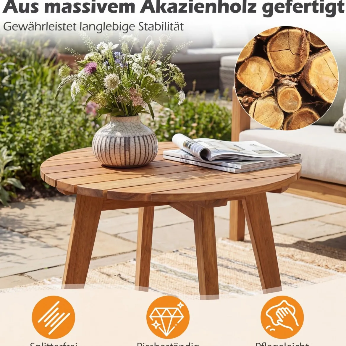 Wetterfester Beistelltisch aus Akazienholz Runder Gartentisch Kleiner Balkontisch Kaffeetisch Natur