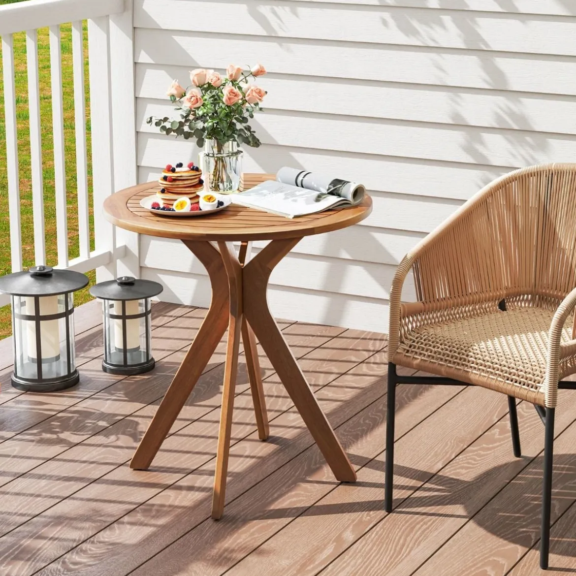 Wetterfester Gartentisch aus Akazienholz Runder Holztisch Beistelltisch Balkontisch Bistrotisch