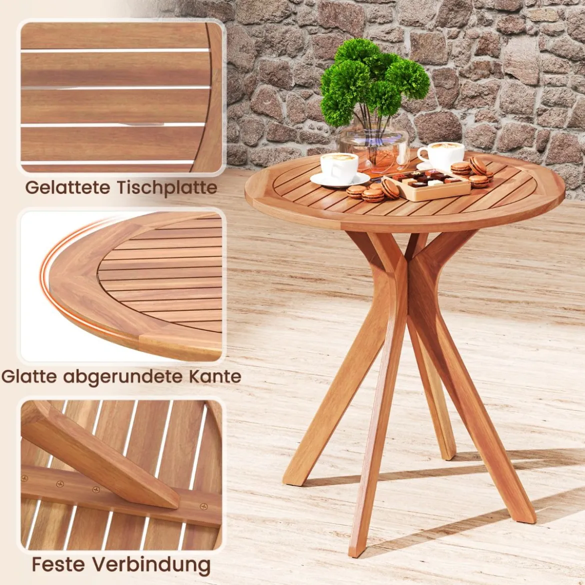 Wetterfester Gartentisch aus Akazienholz Runder Holztisch Beistelltisch Balkontisch Bistrotisch