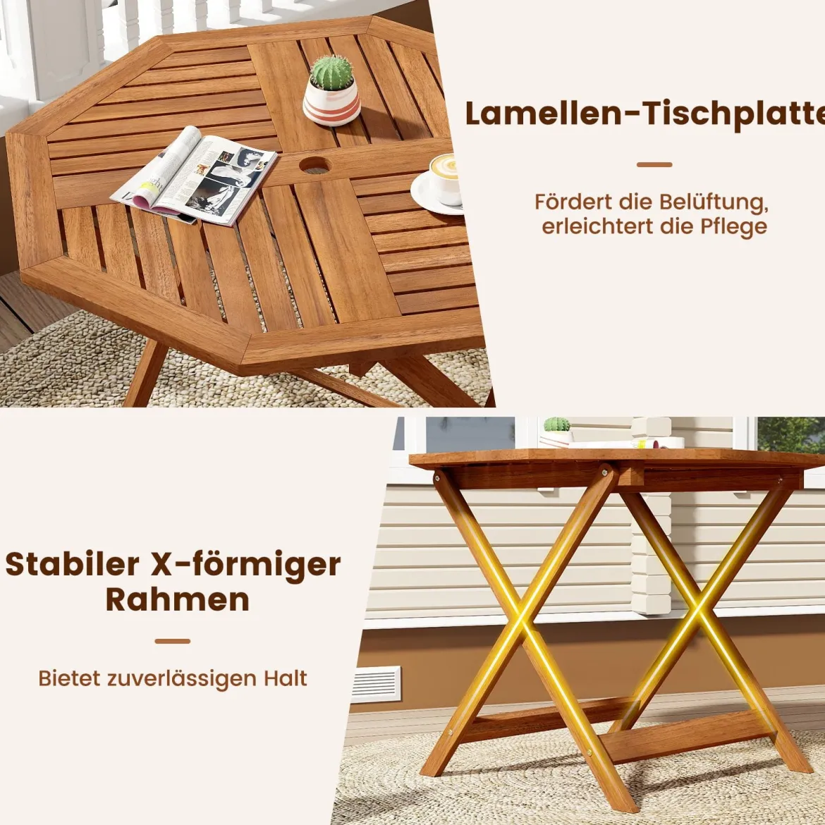 Wetterfester Gartentisch mit Schirmloch Achteckiger Holztisch Balkontisch Esstisch Natur