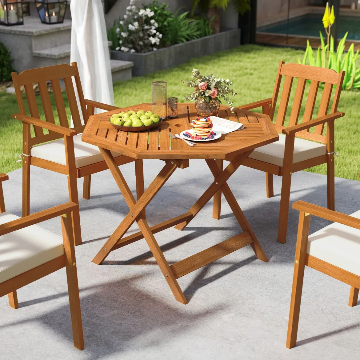 Wetterfester Gartentisch mit Schirmloch Achteckiger Holztisch Balkontisch Esstisch Natur