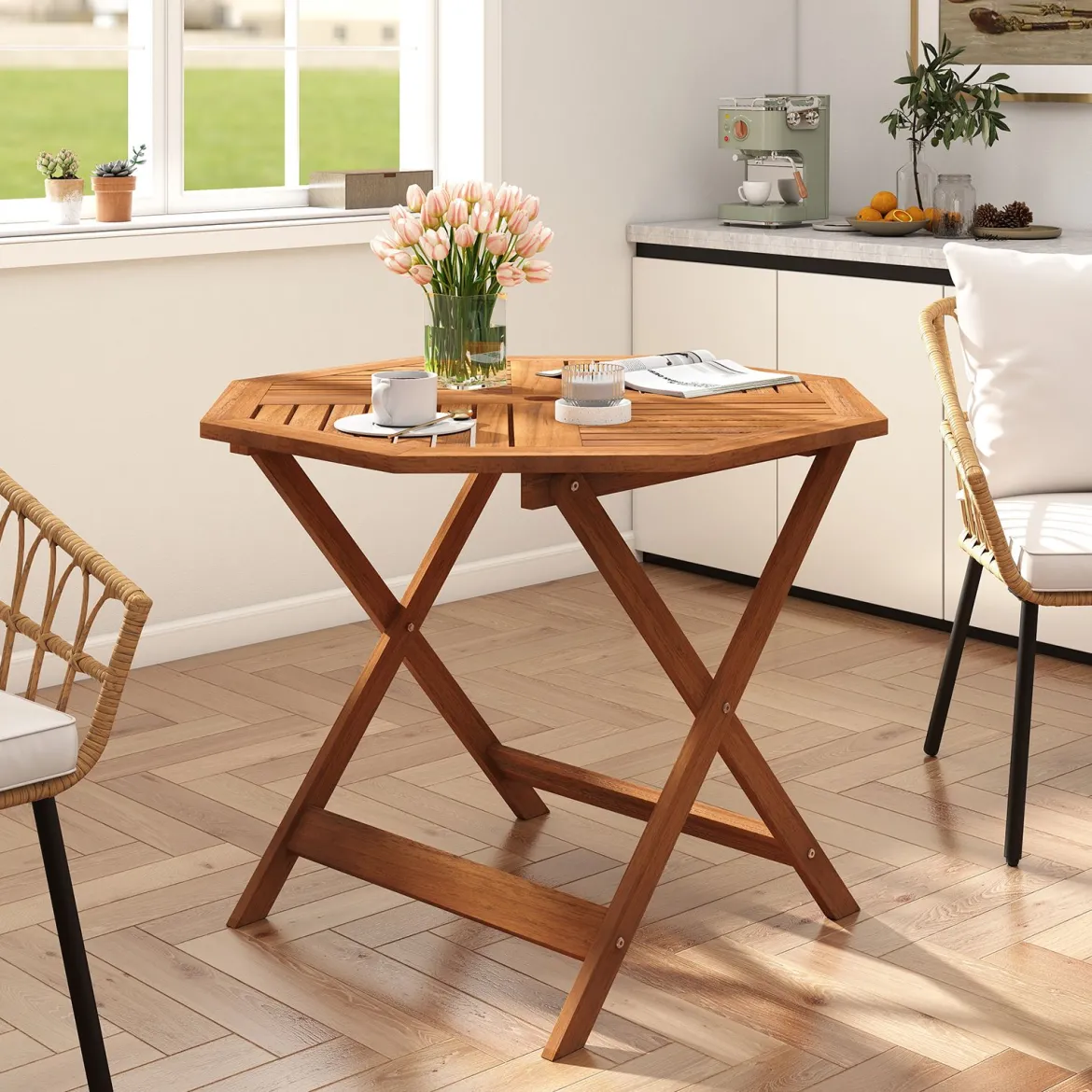 Wetterfester Gartentisch mit Schirmloch Achteckiger Holztisch Balkontisch Esstisch Natur