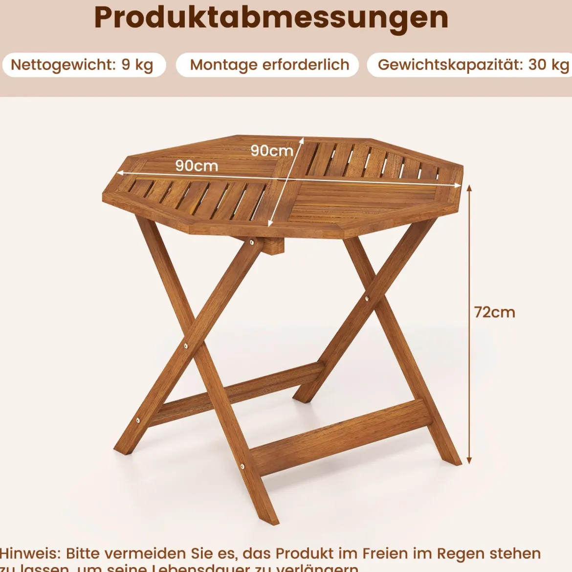 Wetterfester Gartentisch mit Schirmloch Achteckiger Holztisch Balkontisch Esstisch Natur