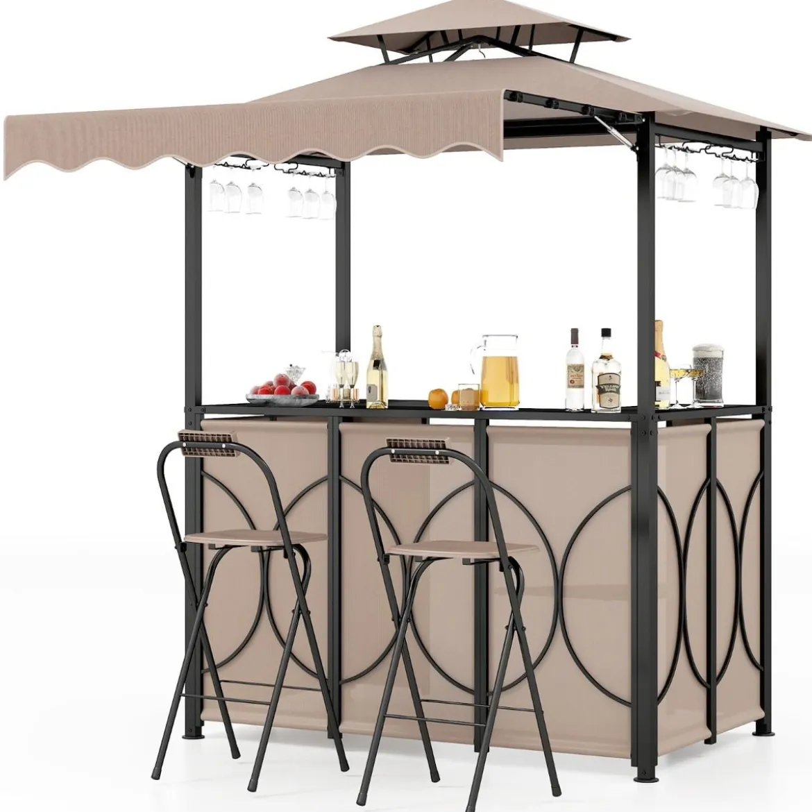 Wetterfester Grillpavillon mit Bar & 2 Barhockern Gartenpavillon mit Doppeldach & Markise Braun