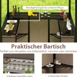 Wetterfester Grillpavillon mit Bar & 2 Barhockern Gartenpavillon mit Doppeldach & Markise Braun