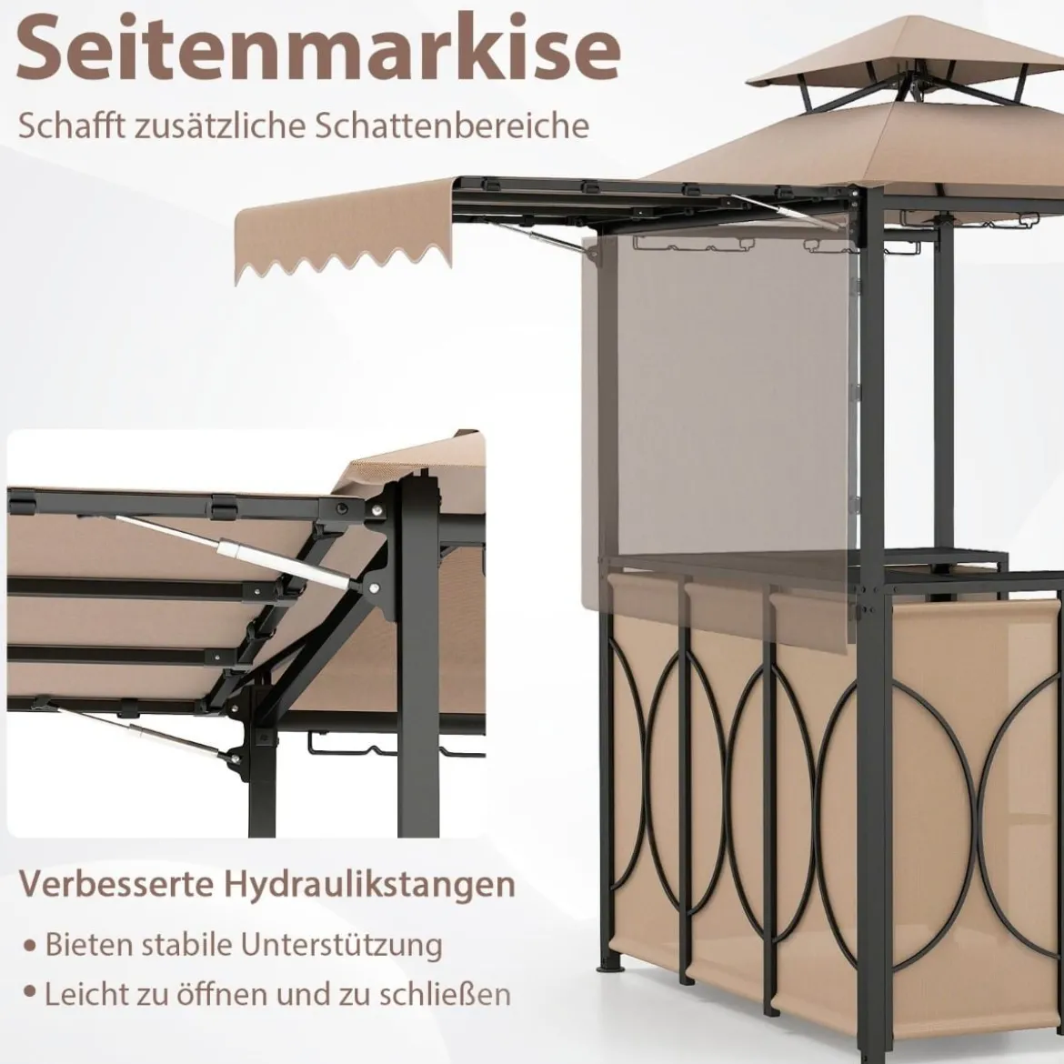 Wetterfester Grillpavillon mit Bar & 2 Barhockern Gartenpavillon mit Doppeldach & Markise Braun
