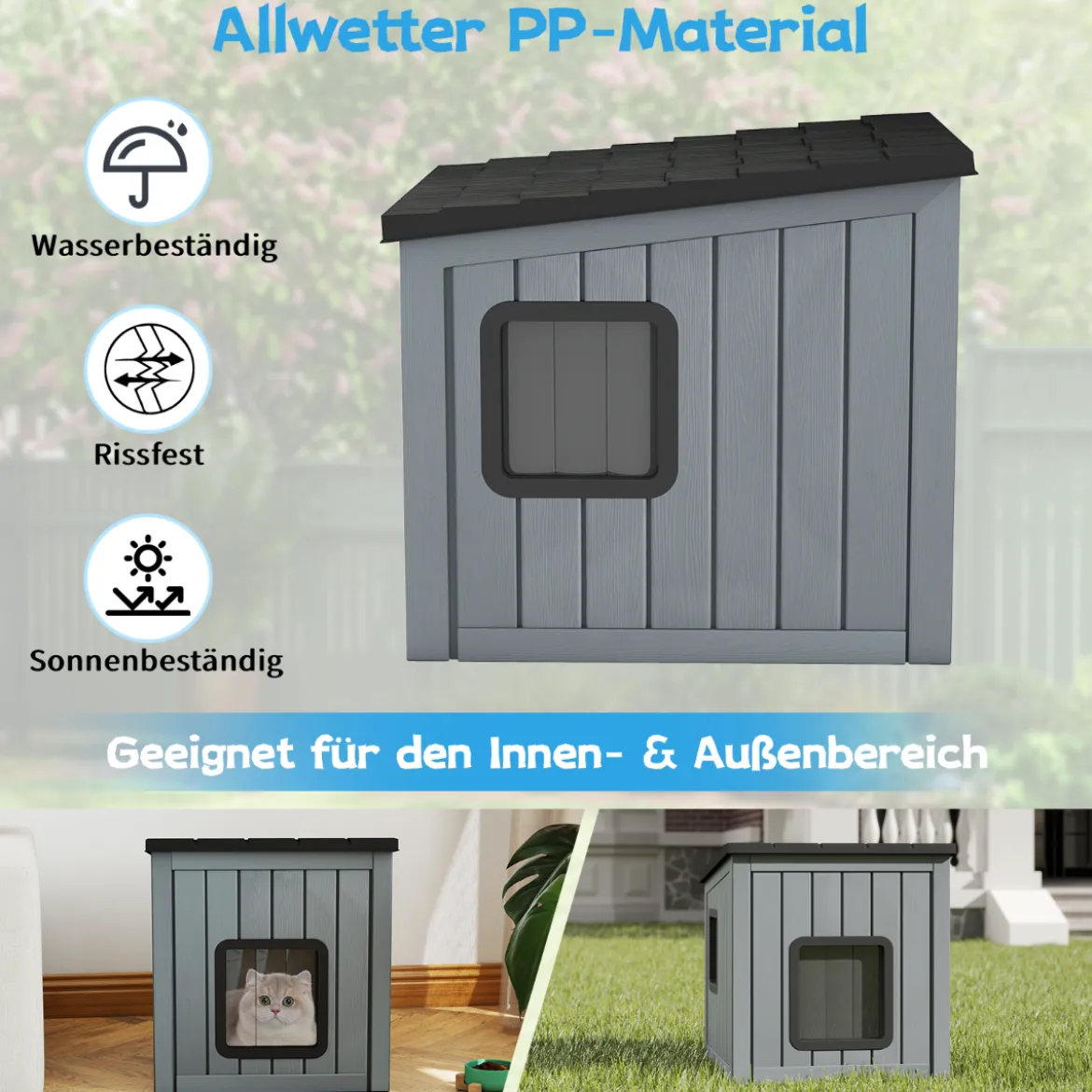 Wetterfestes Kunststoff-Katzenhaus Wildtier-Schutzhaus mit 2 PVC-Türen & Geneigtem Dach