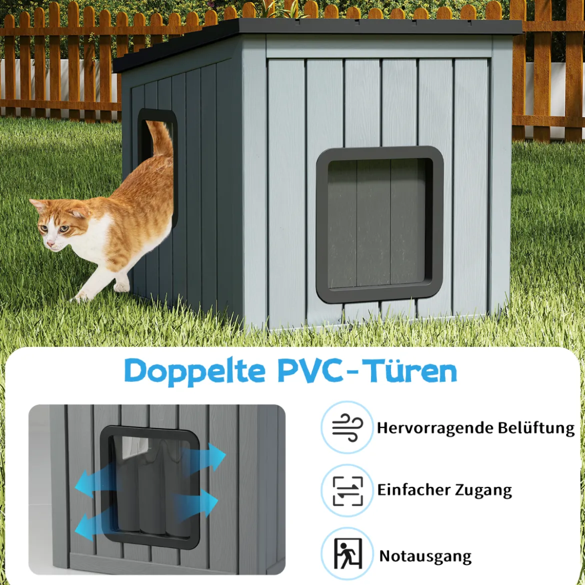 Wetterfestes Kunststoff-Katzenhaus Wildtier-Schutzhaus mit 2 PVC-Türen & Geneigtem Dach