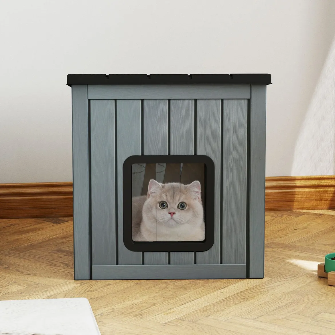 Wetterfestes Kunststoff-Katzenhaus Wildtier-Schutzhaus mit 2 PVC-Türen & Geneigtem Dach