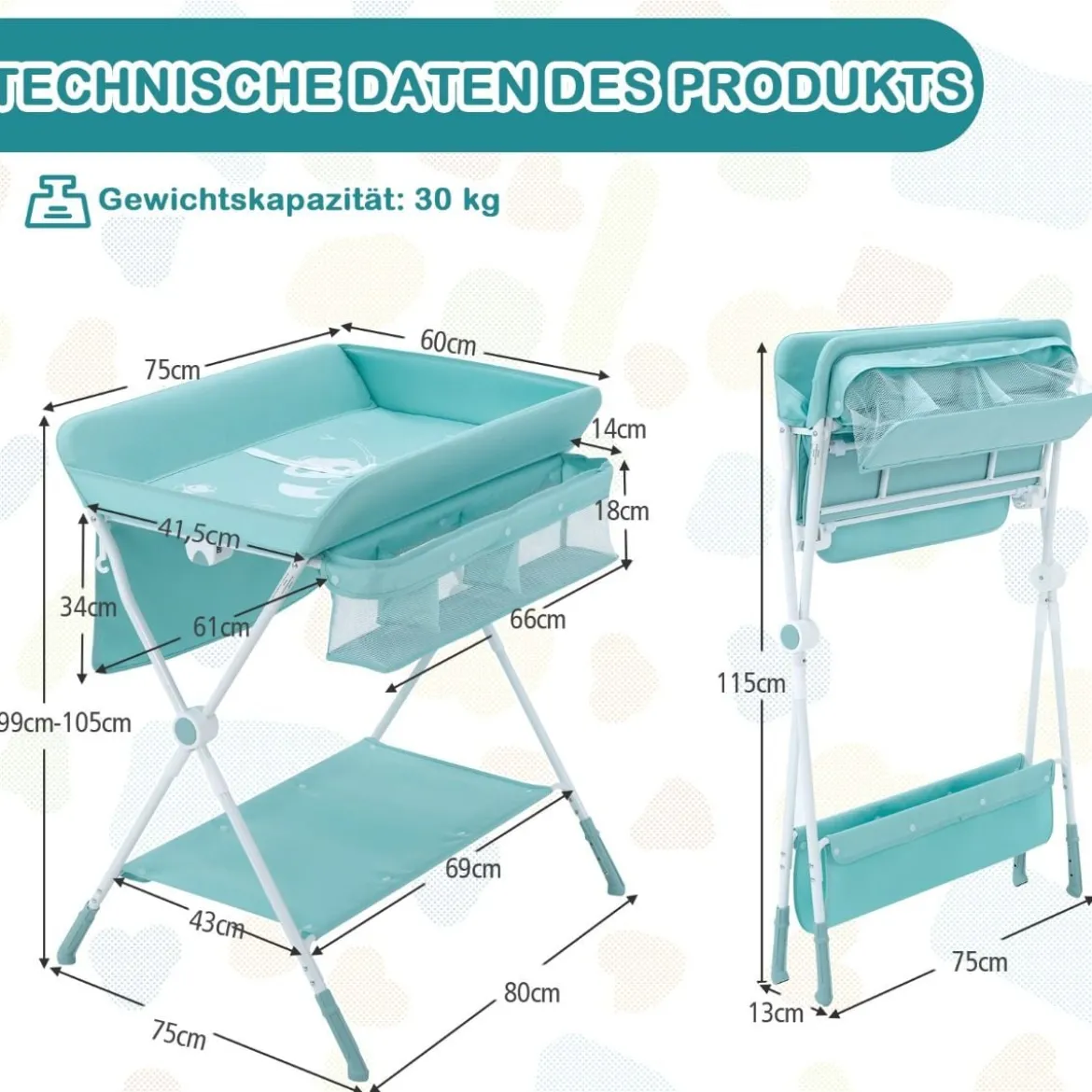 Wickeltisch Klappbarer Wickeltisch mit Rädern 80 x 75 x 99-105 cm Grün