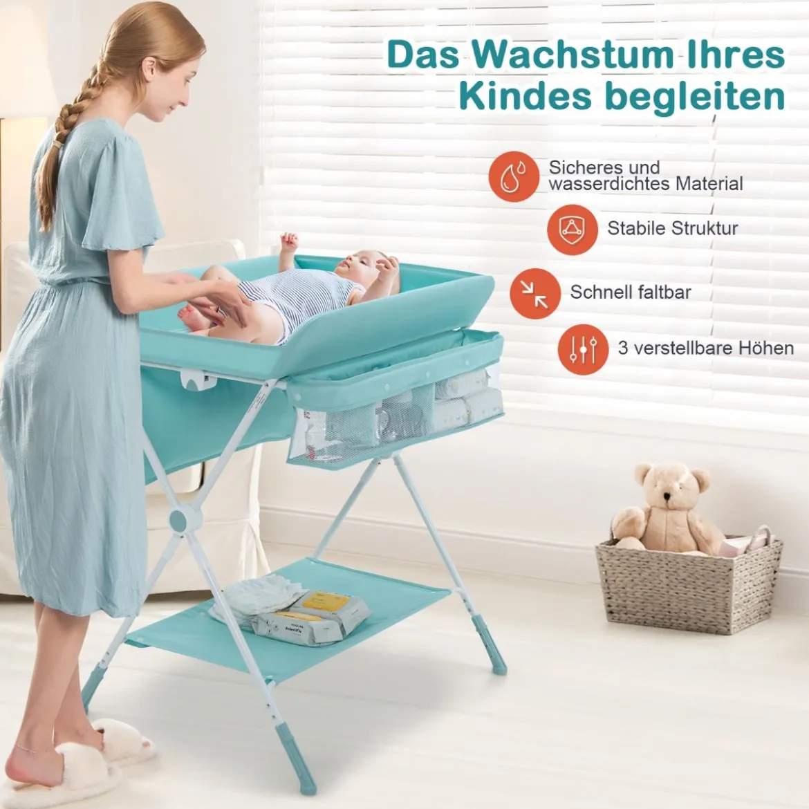 Wickeltisch Klappbarer Wickeltisch mit Rädern 80 x 75 x 99-105 cm Grün