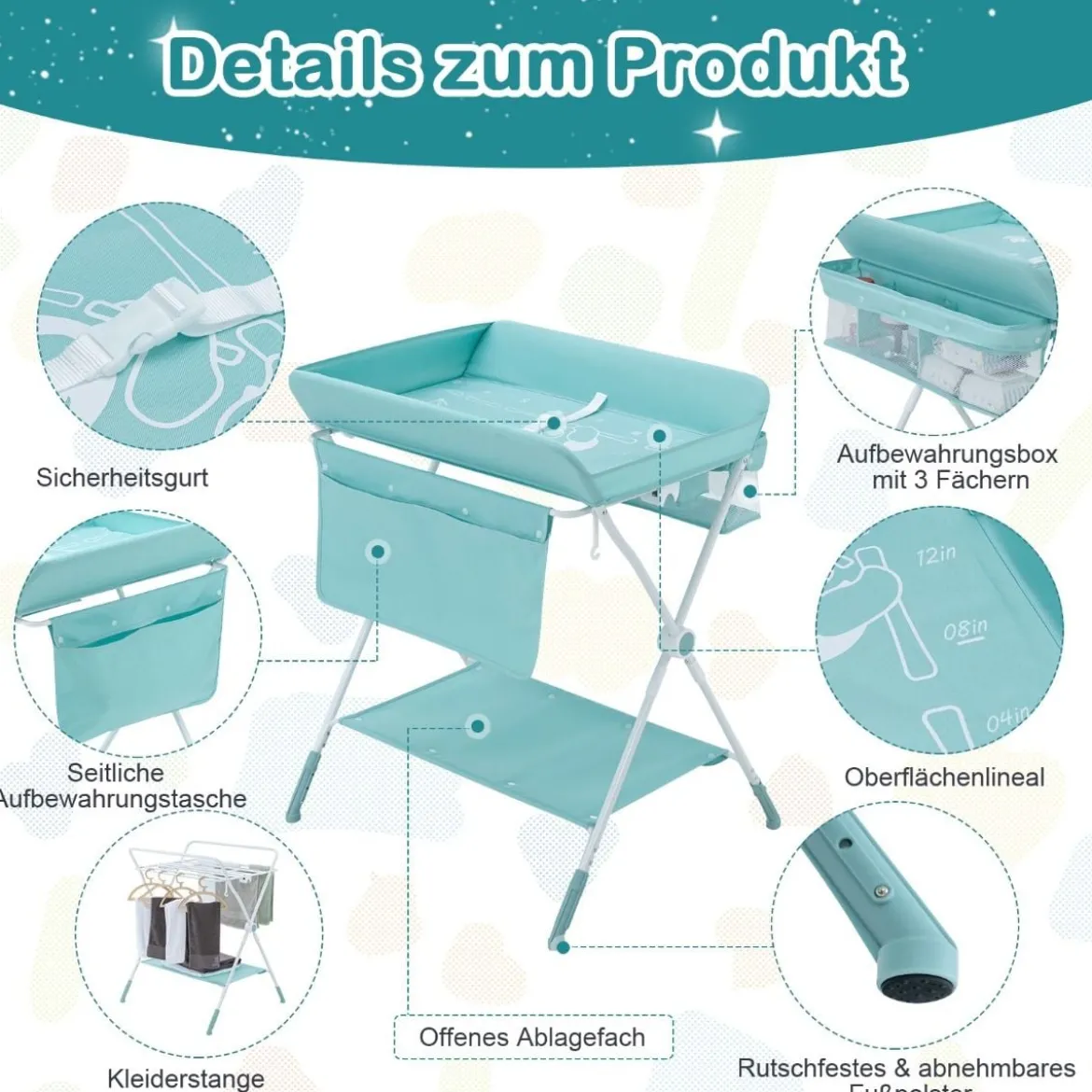 Wickeltisch Klappbarer Wickeltisch mit Rädern 80 x 75 x 99-105 cm Grün