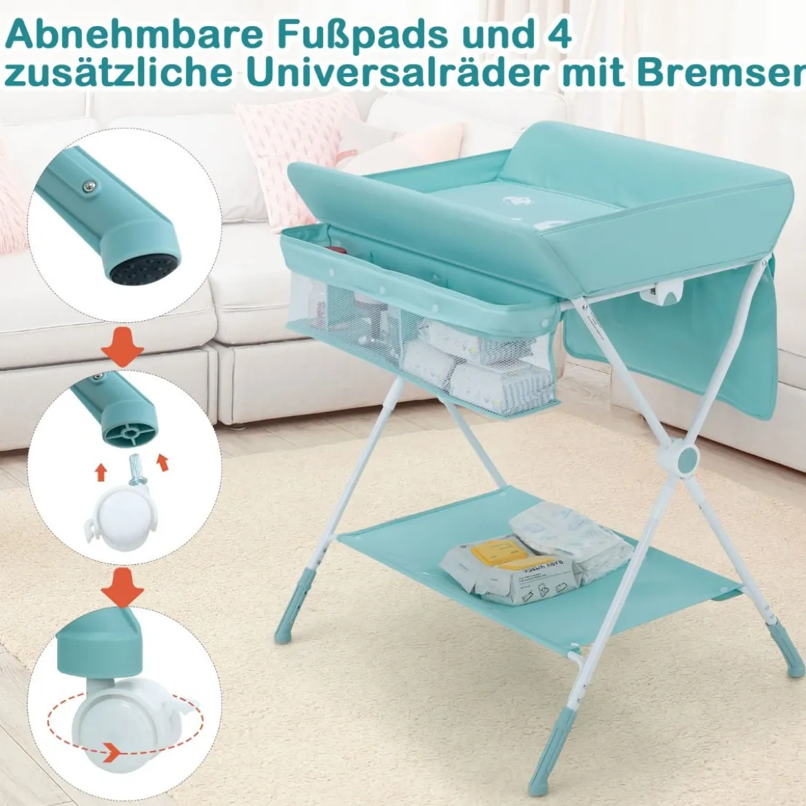 Wickeltisch Klappbarer Wickeltisch mit Rädern 80 x 75 x 99-105 cm Grün