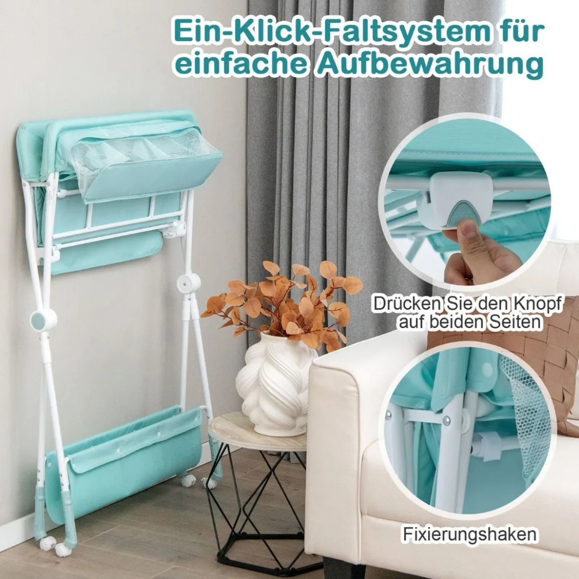 Wickeltisch Klappbarer Wickeltisch mit Rädern 80 x 75 x 99-105 cm Grün