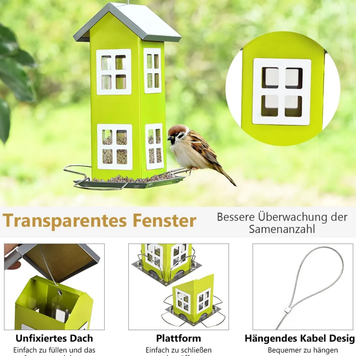 Wildvogel-Futterautomat Hängende Vogelfutterstation Vogelfutterspender Futterhaus 26x12x12cm Grün