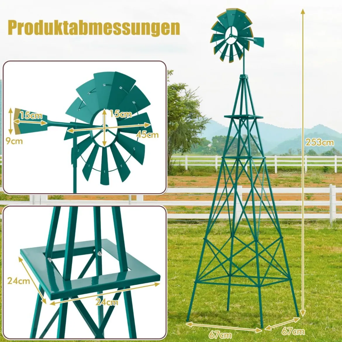 Windrad aus Metall mit 4 Stützbeinen Wetterfeste Windmühle für Garten Hof 67 x 67 x 253 cm Grün