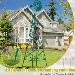 Windrad aus Metall mit 4 Stützbeinen Wetterfeste Windmühle für Garten Hof 67 x 67 x 253 cm Grün