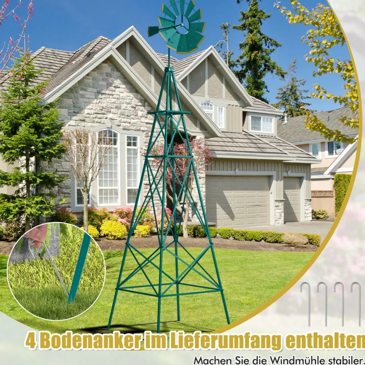 Windrad aus Metall mit 4 Stützbeinen Wetterfeste Windmühle für Garten Hof 67 x 67 x 253 cm Grün