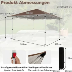 Winterfester Pavillon mit UV Schutz 50+ & Tasche Wasserdicht Faltpavillon Pop Up Pavillon Braun