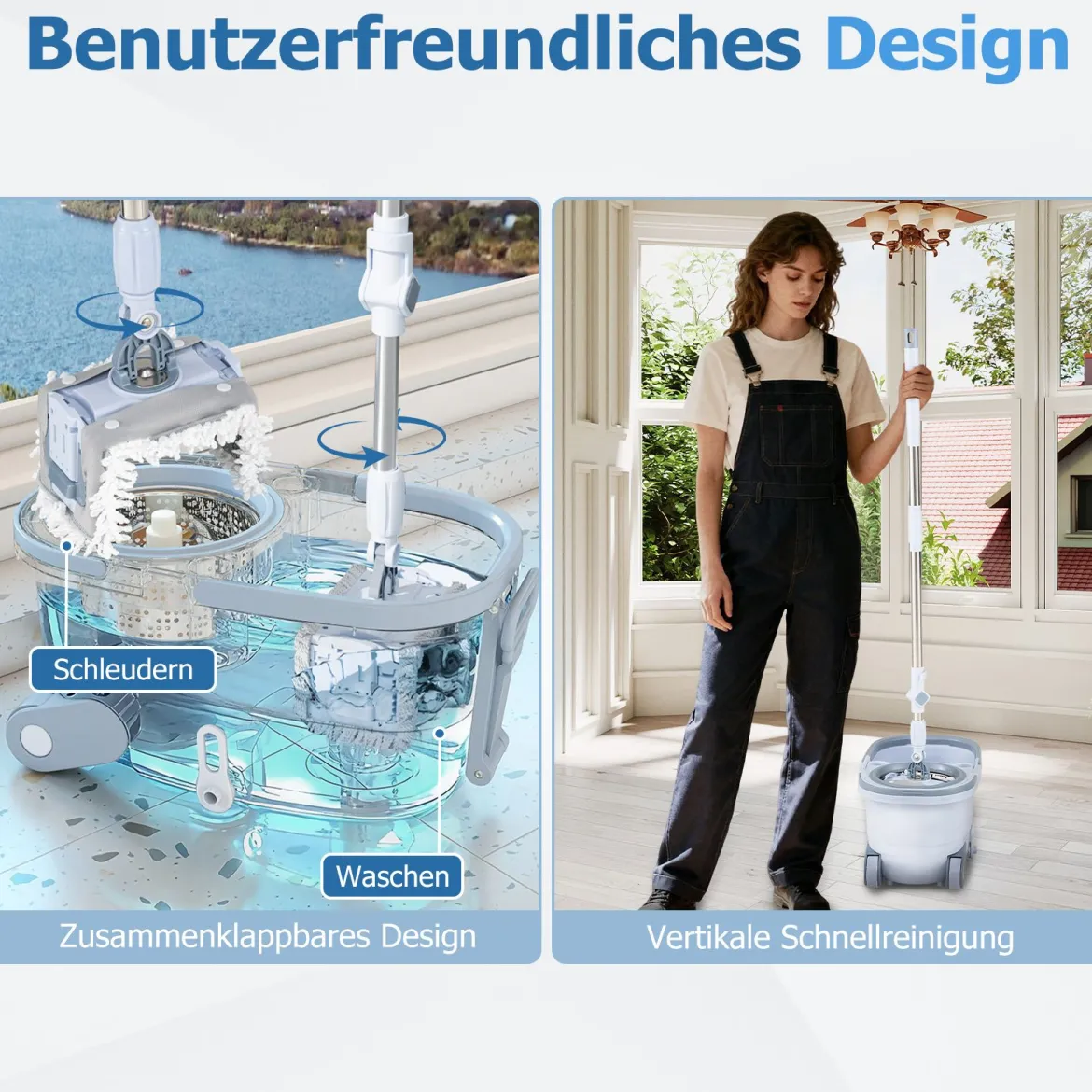 Wischmopp & Eimer-Set mit 7 Rechteckigen Wischmopp-Bezügen & 1 Runden Wischmopp-Bezügen