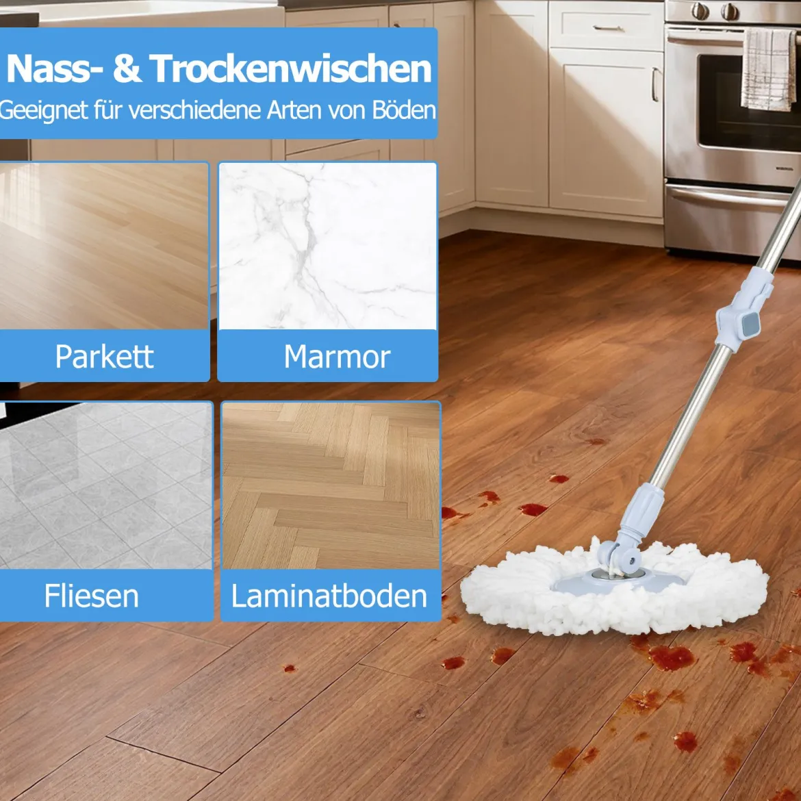 Wischmopp & Eimer-Set mit 7 Rechteckigen Wischmopp-Bezügen & 1 Runden Wischmopp-Bezügen