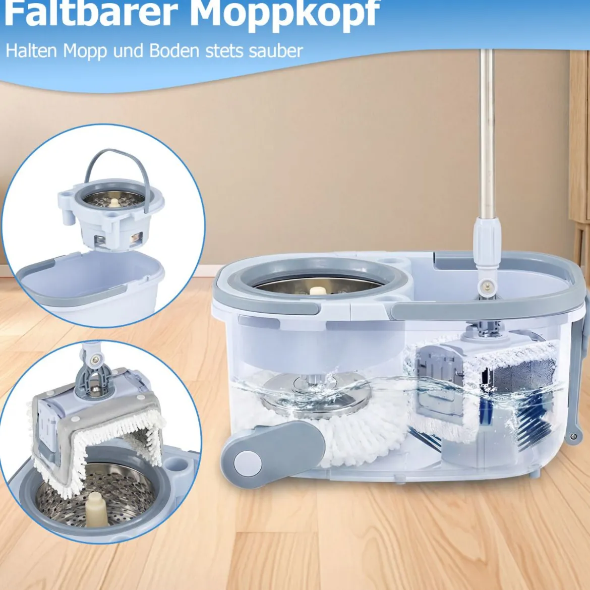 Wischmopp & Eimer-Set mit 7 Rechteckigen Wischmopp-Bezügen & 1 Runden Wischmopp-Bezügen