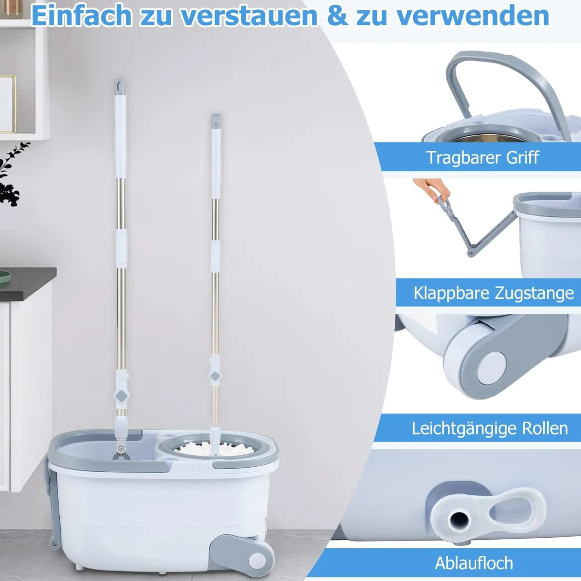 Wischmopp & Eimer-Set mit 7 Rechteckigen Wischmopp-Bezügen & 1 Runden Wischmopp-Bezügen