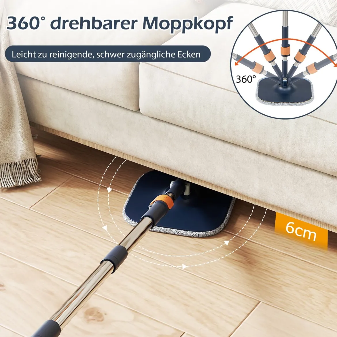 Wischmopp und Eimersystem mit Abwassertrennung mit 6 Ersatz-Moppköpfe Blau