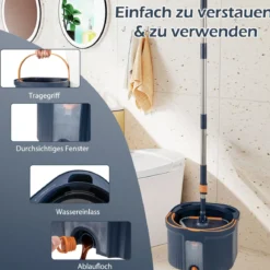 Wischmopp und Eimersystem mit Abwassertrennung mit 6 Ersatz-Moppköpfe Blau