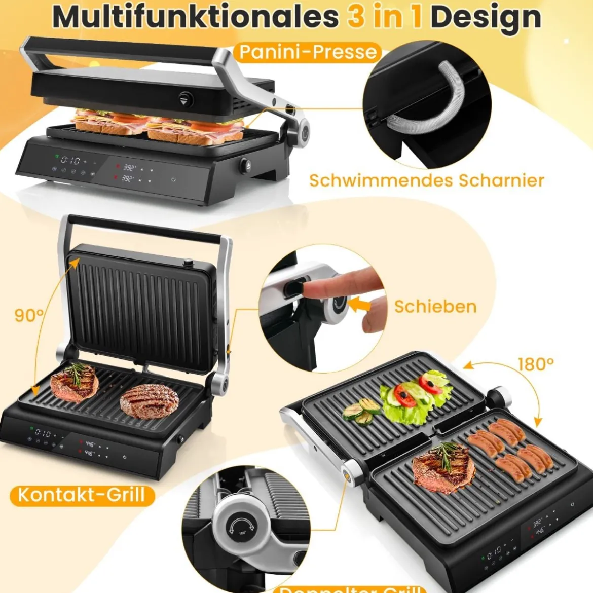 1200W Kontaktgrill mit LED-Anzeige & 4-Stunden-Timer & 2 Abnehmbare Grillplatten Elektrogrill