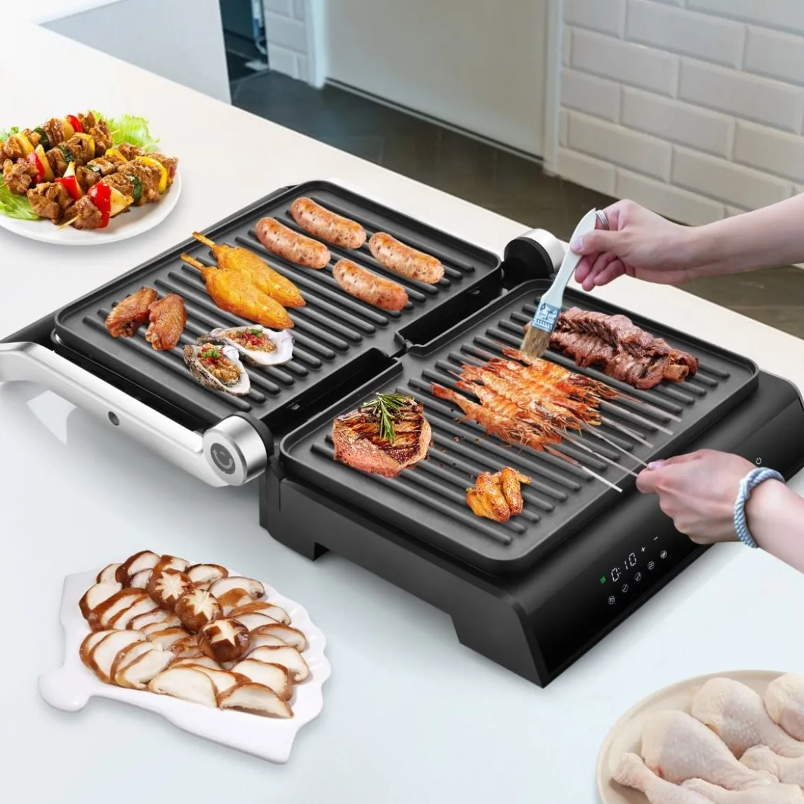 1200W Kontaktgrill mit LED-Anzeige & 4-Stunden-Timer & 2 Abnehmbare Grillplatten Elektrogrill