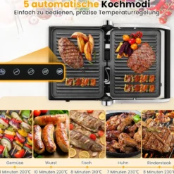 1200W Kontaktgrill mit LED-Anzeige & 4-Stunden-Timer & 2 Abnehmbare Grillplatten Elektrogrill