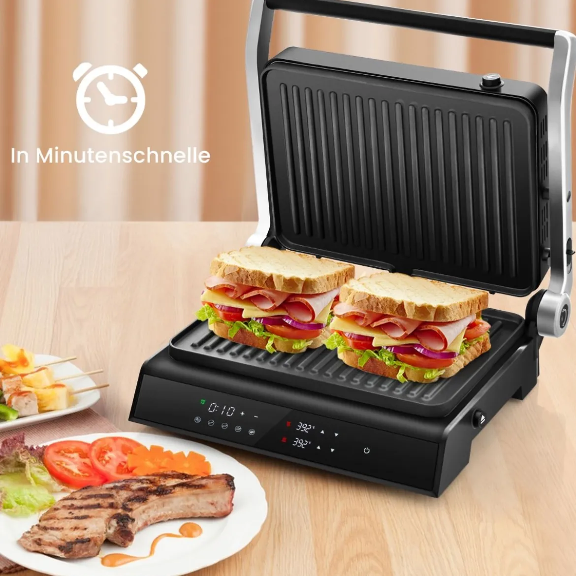 1200W Kontaktgrill mit LED-Anzeige & 4-Stunden-Timer & 2 Abnehmbare Grillplatten Elektrogrill