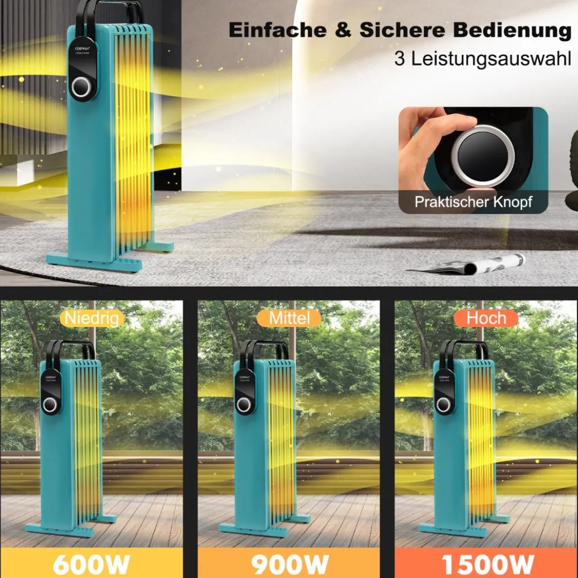 1500W Ölradiator 7 Rippen Heizkörper mit 3 Heizstufen Energiesparung & Überhitzungsschutz Türkis