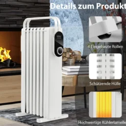 1500W Ölradiator 7 Rippen Heizkörper mit 3 Heizstufen Energiesparung & Überhitzungsschutz Weiß