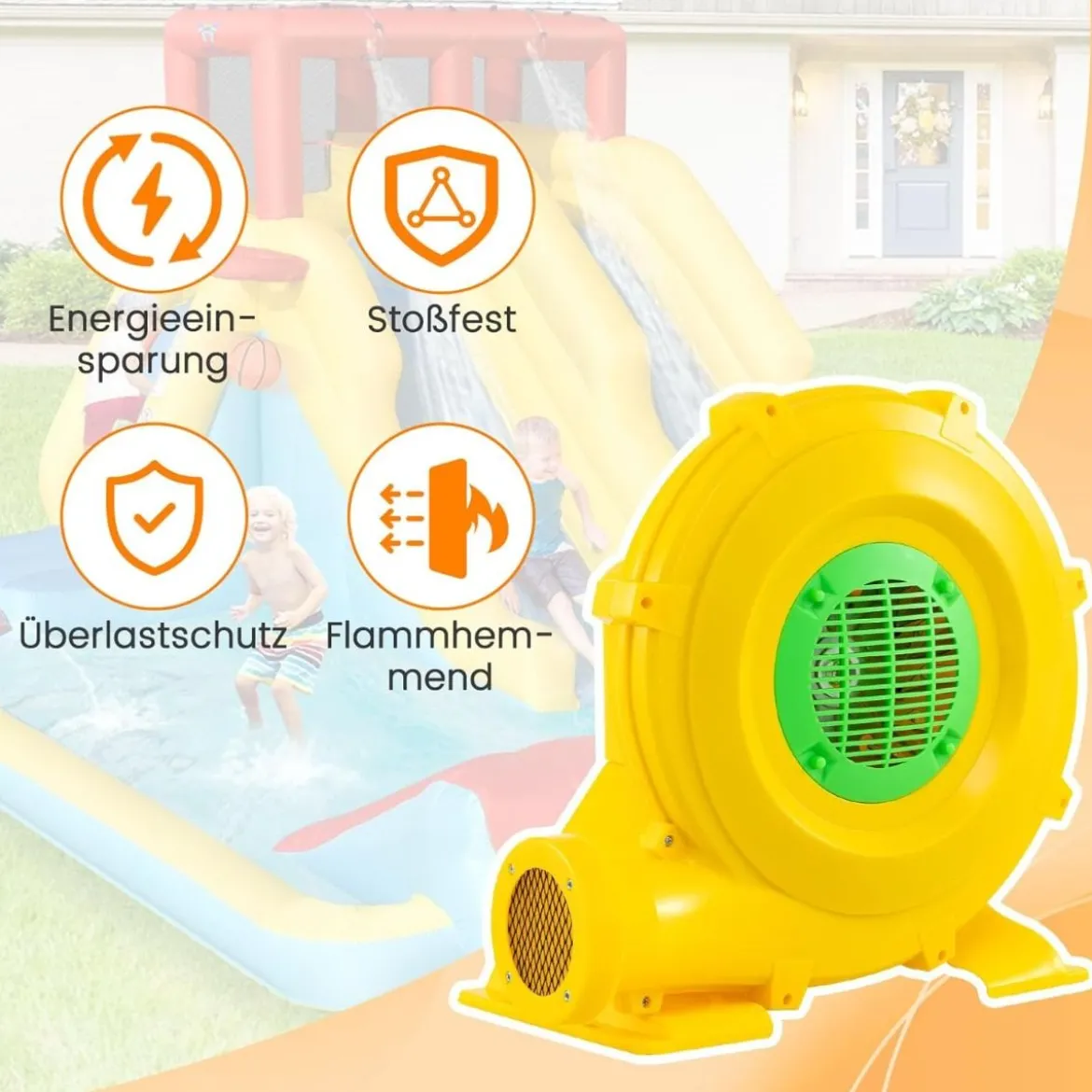750W Luftgebläse tragbarer Luftpumpenventilator mit praktischem Griff & Erdspießen Gelb