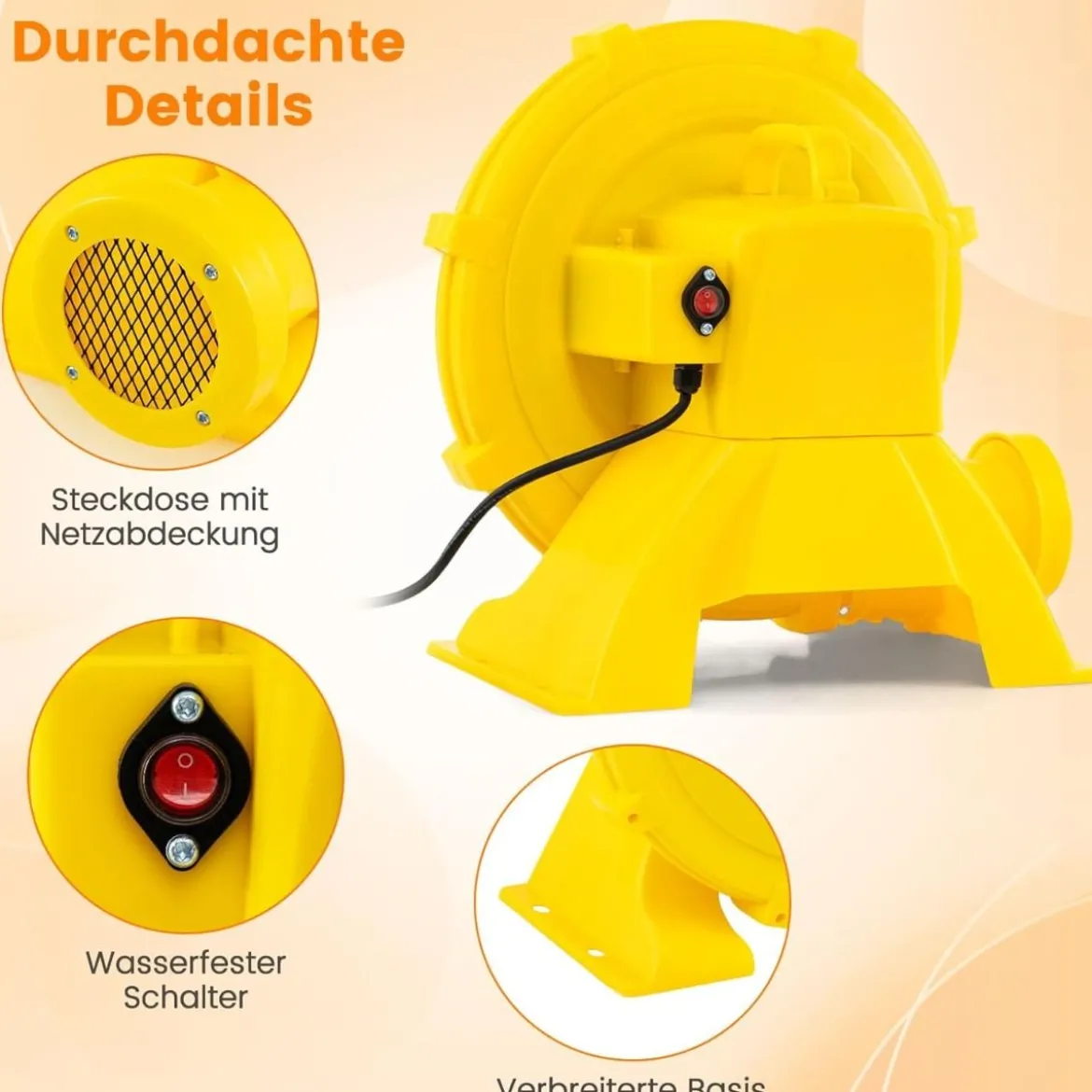 750W Luftgebläse tragbarer Luftpumpenventilator mit praktischem Griff & Erdspießen Gelb